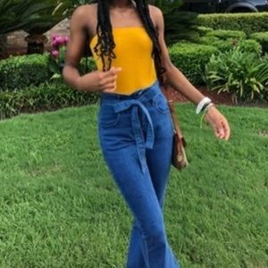 Tie bow flare bell bottom leg jeans pants